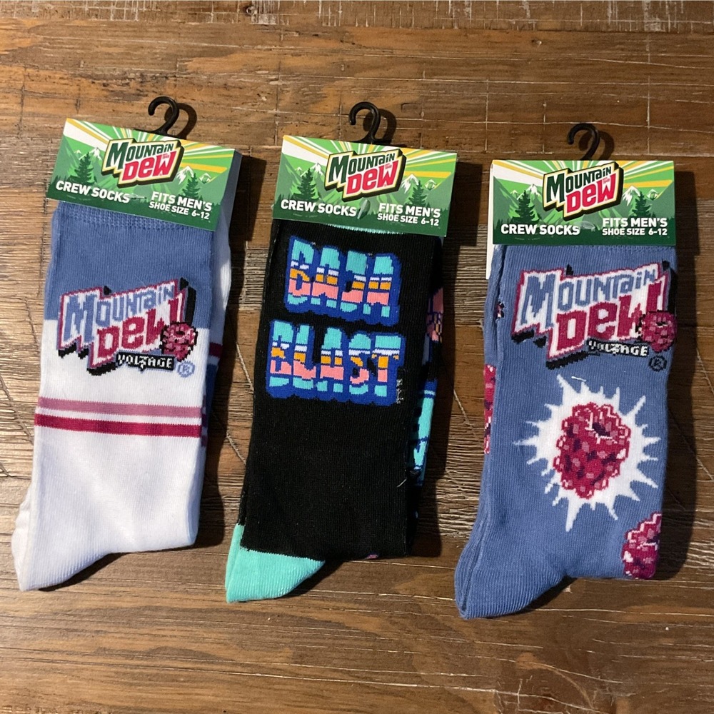 NEW Mountain‎ Dew Baja Blast Crew Socks Mens 6-12 Black Teal Tropical Floral LOT